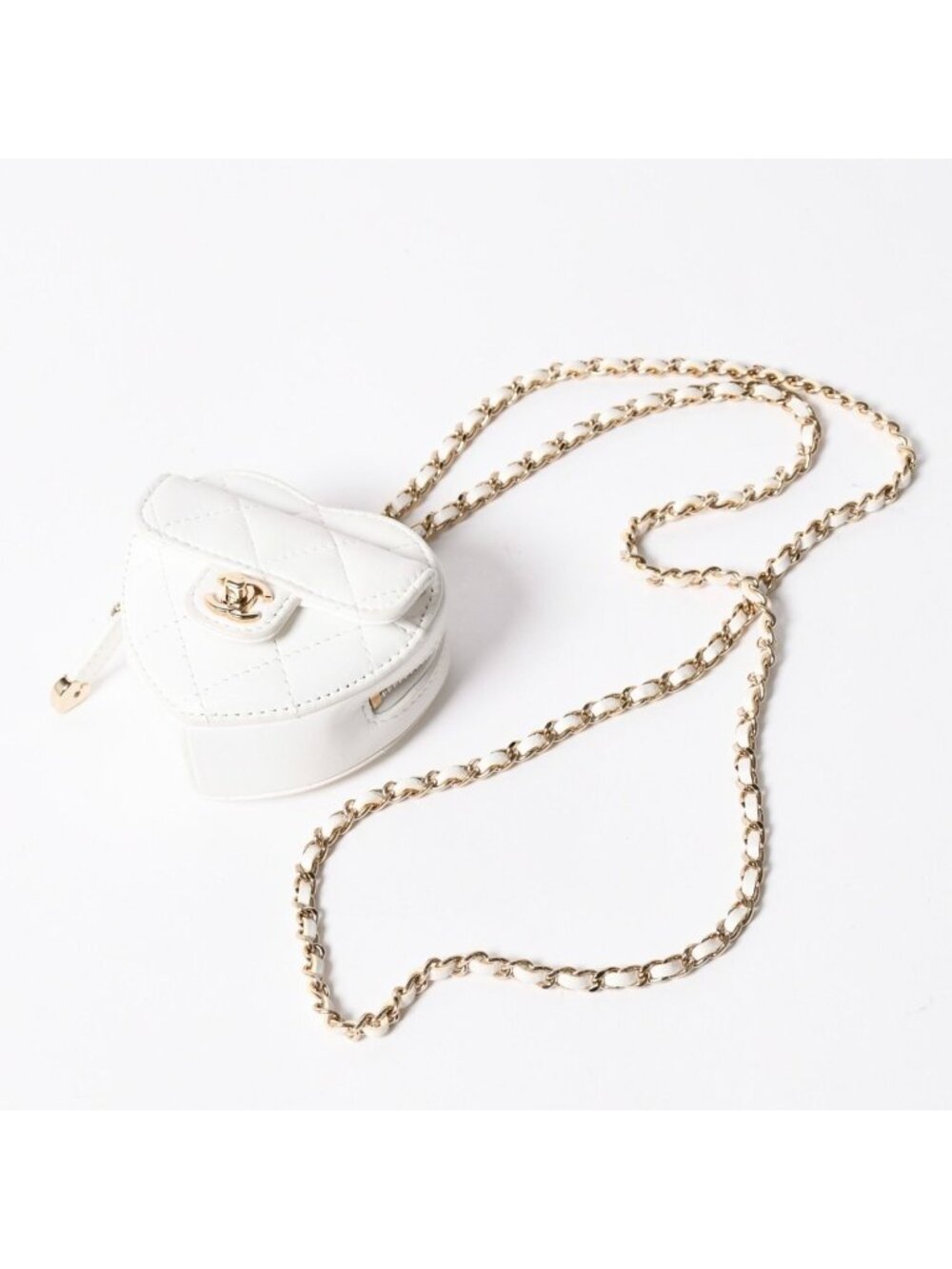 Chanel Heart Shape Coin Purse Chain Pouch CC Logo Lambskin White Gold